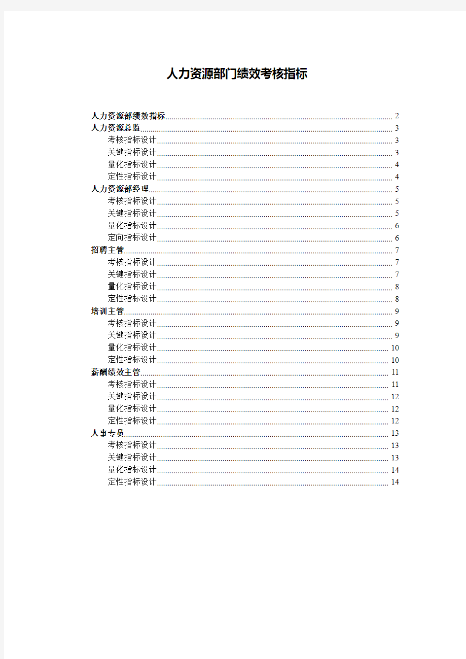 人力资源部绩效考核指标 (最新版)