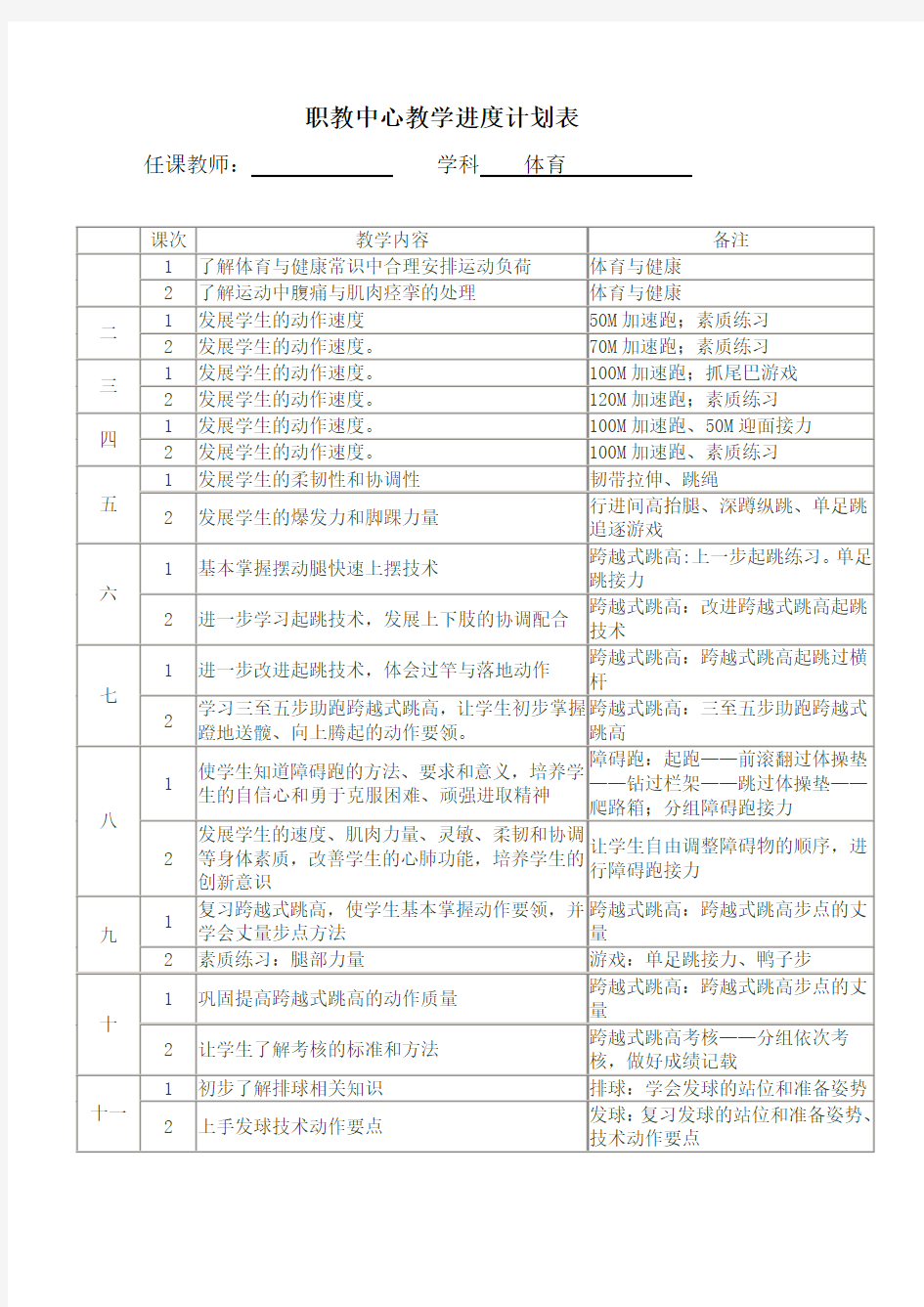 第一学期体育课教学进度表