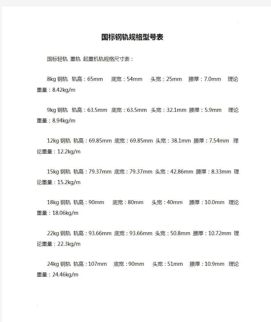 国标钢轨规格型号表