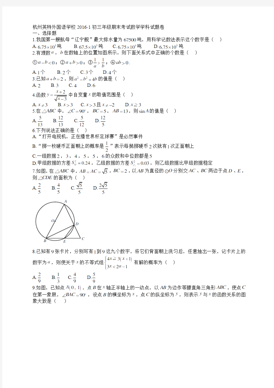 杭州名校真题系列：2016初三英特分流考模拟考试数学试卷