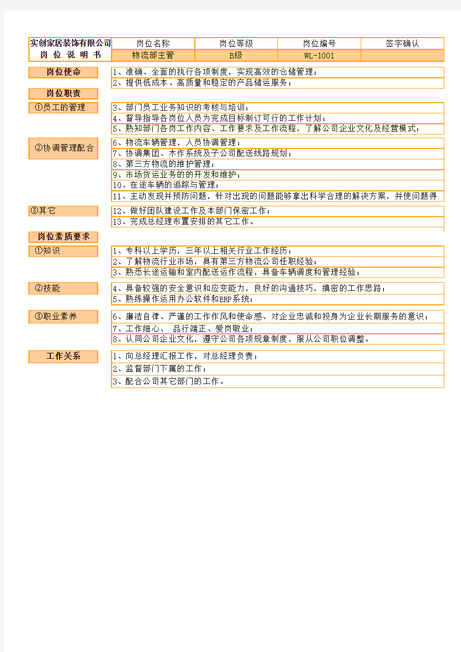 物流主管岗位职责及任职要求