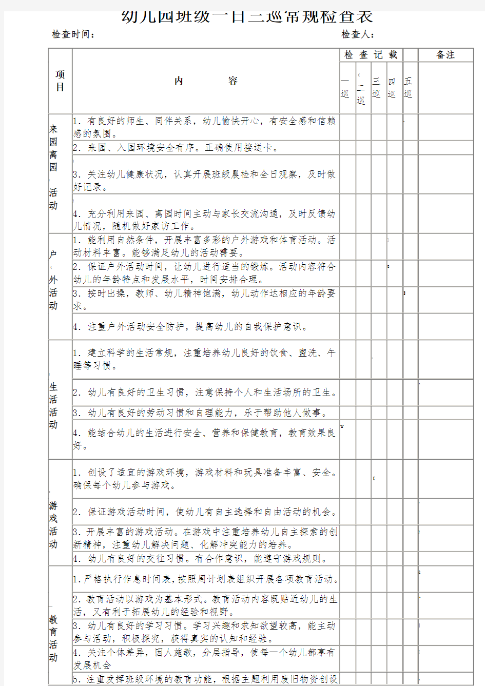 幼儿园班级一日五巡常规检查表