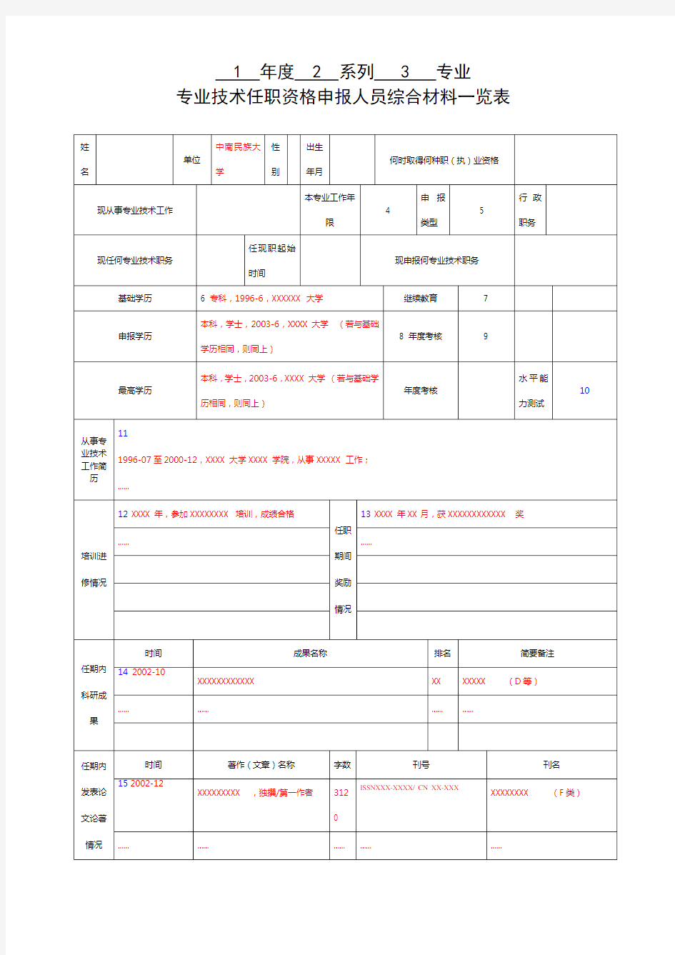 综合材料一览表___填写样表