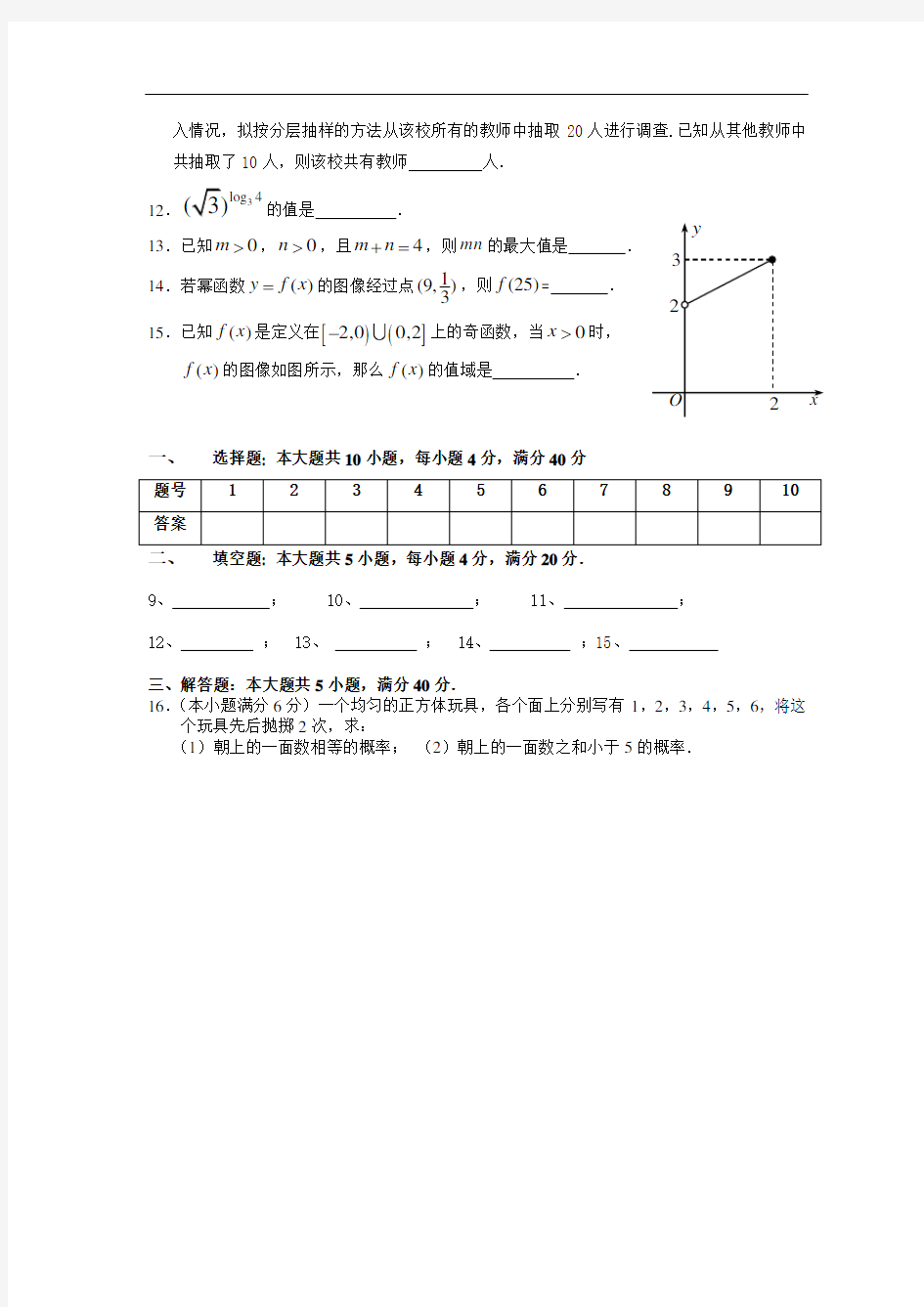 2011年湖南普通高中学业水平考试数学试卷真题+答案