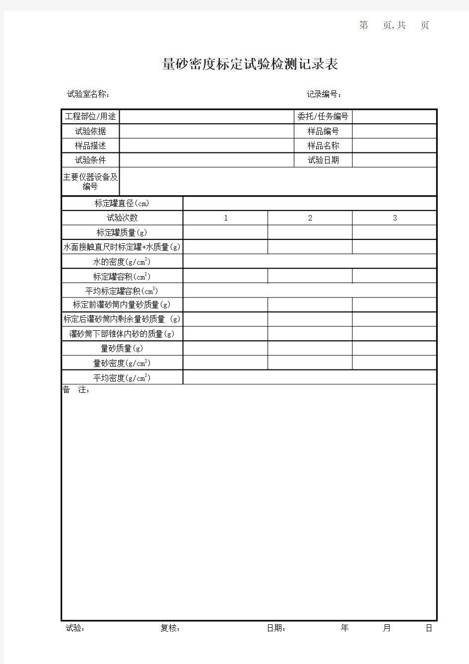 量砂密度标定试验记录表