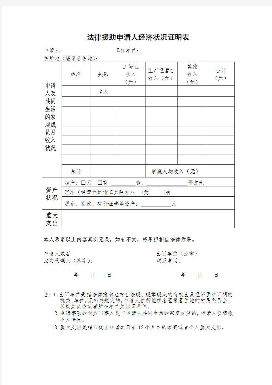 法律援助申请人经济状况证明表