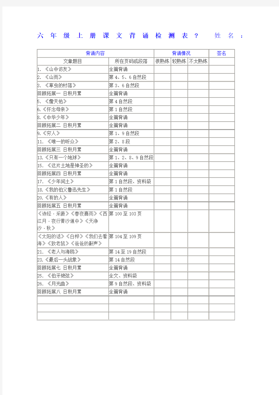 人教版小学语文六年级上册必背内容