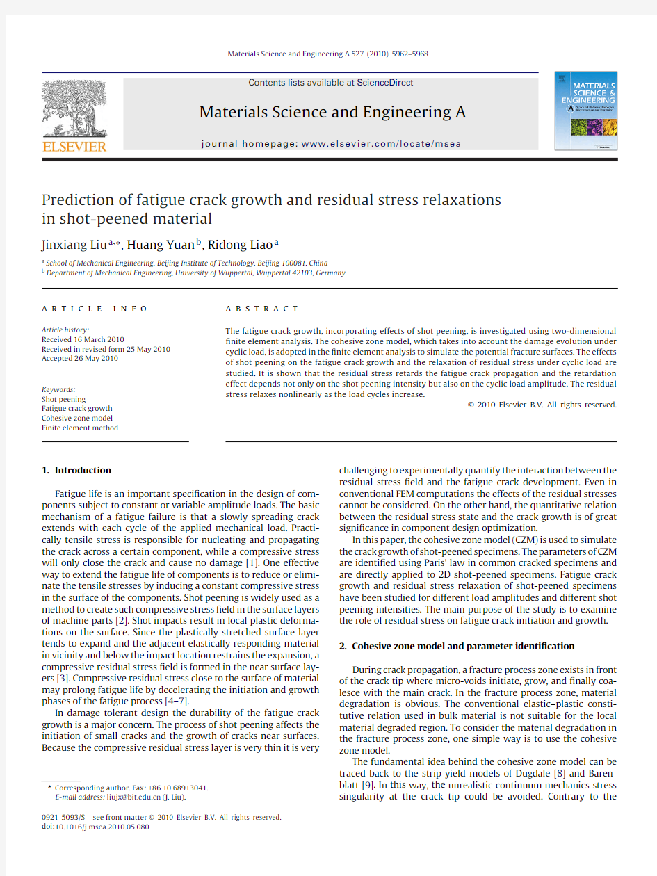 Prediction of fatigue crack growth and residual stress relaxations in shot-peened material