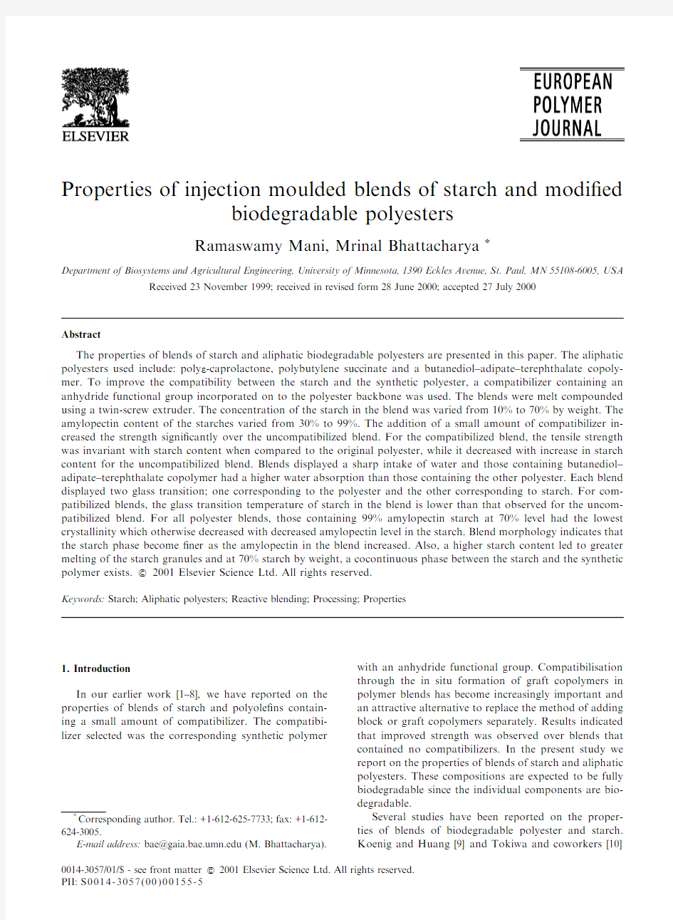 Properties of injection moulded blends of starch and modified biodegradable polyesters