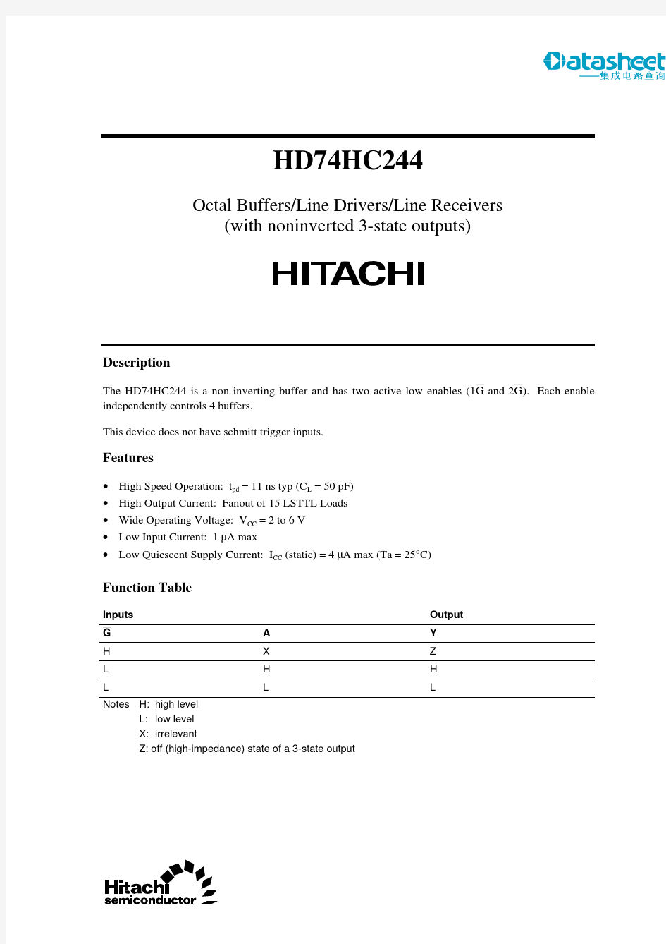 Datasheet_HD74HC244P缓冲器-驱动器