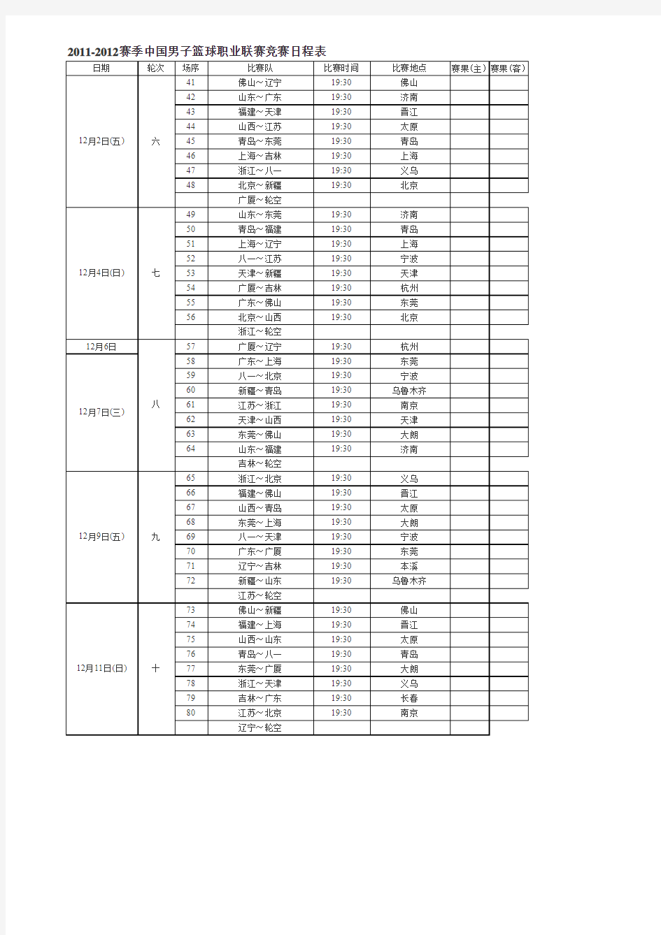 2011至2012赛季CBA竞赛日程表