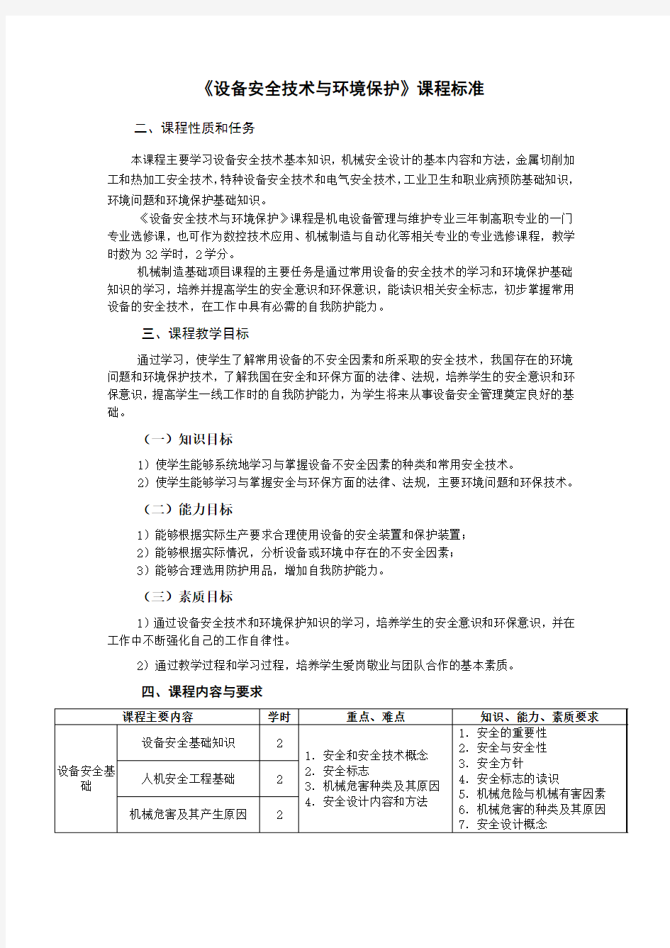 设备安全技术与环境保护课程标准32课时