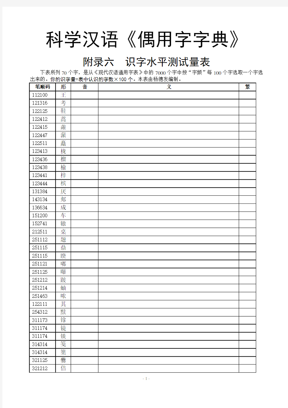 附录六  识字水平测试量表