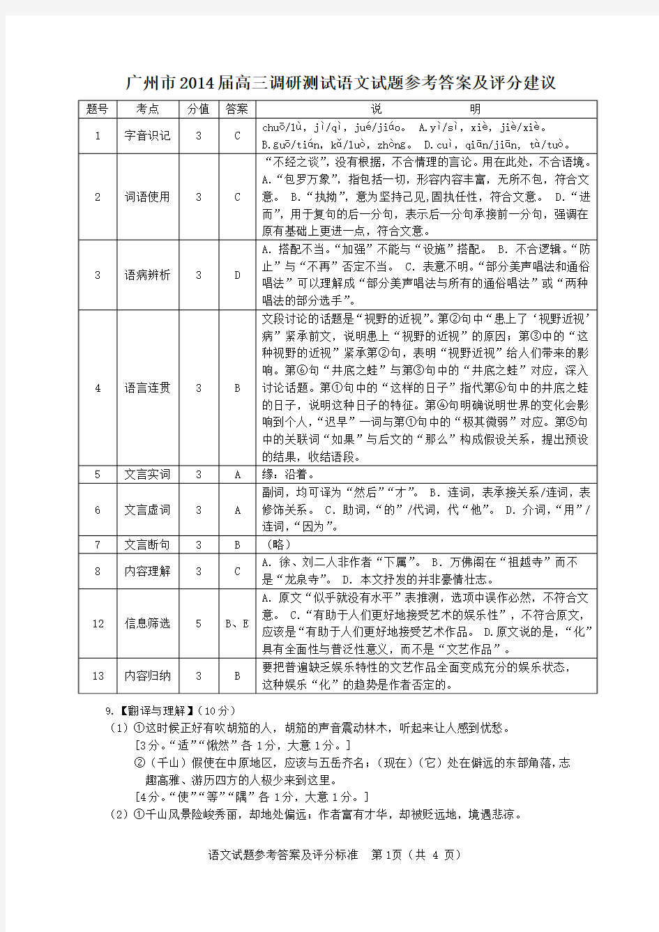 2014年广州市高三调研测试语文参考答案及评分建议(定稿)