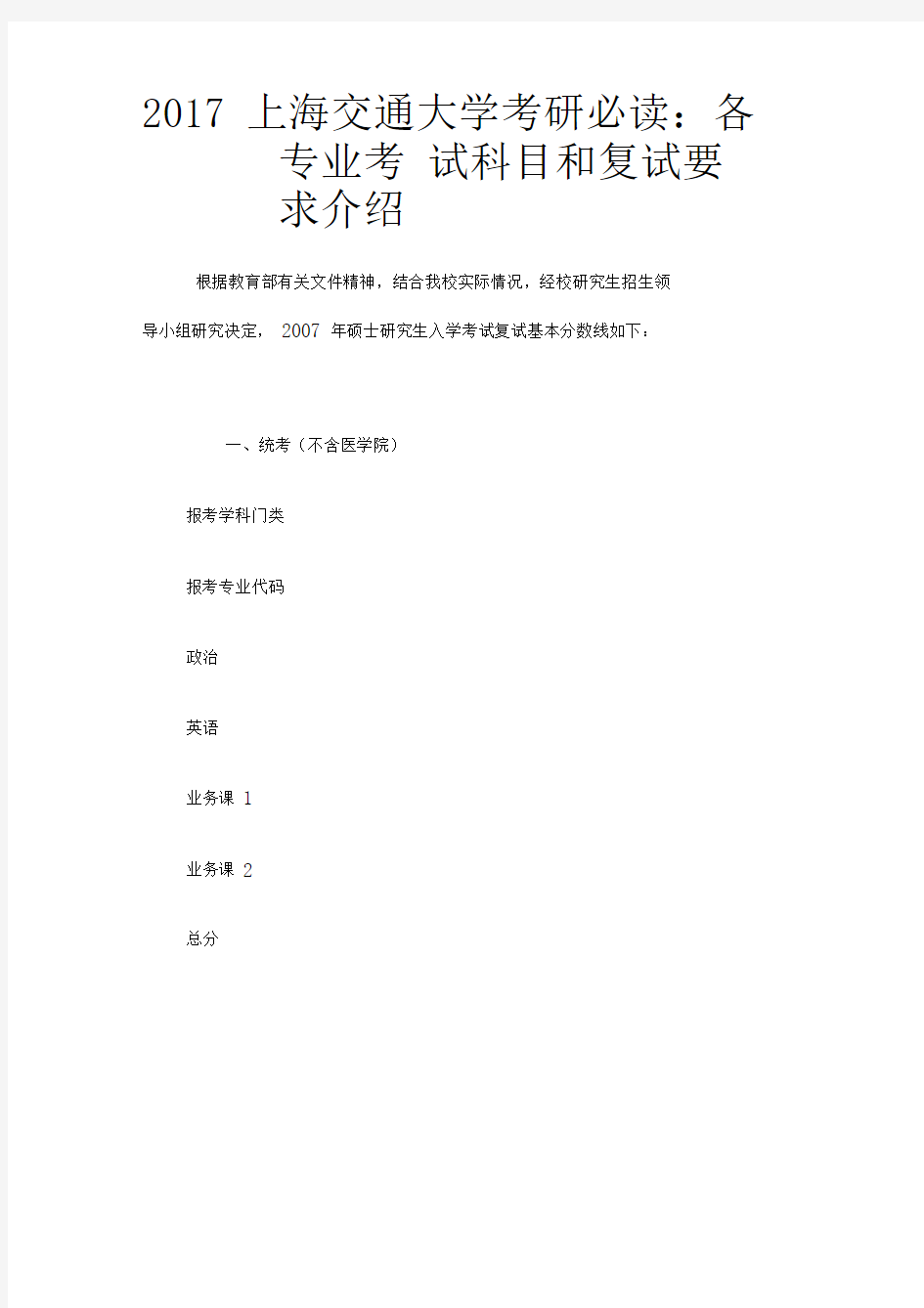 上海交通大学考研必读各专业考试科目和复试要求介绍