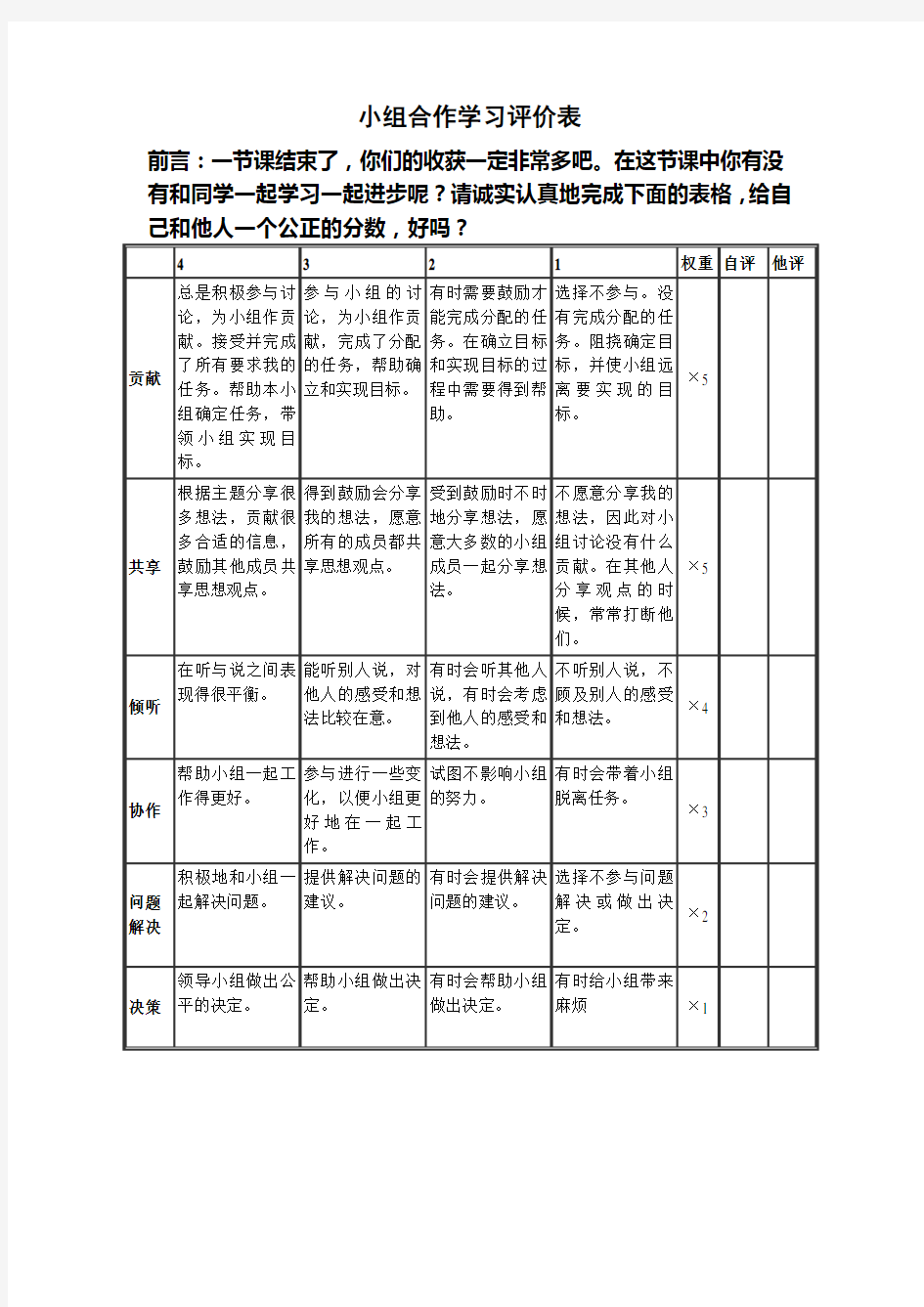 小组合作学习评价表