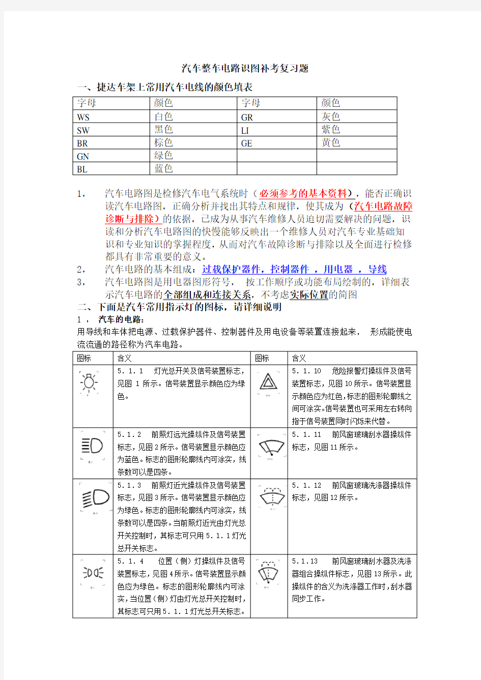 汽车整车电路识图补考复习题