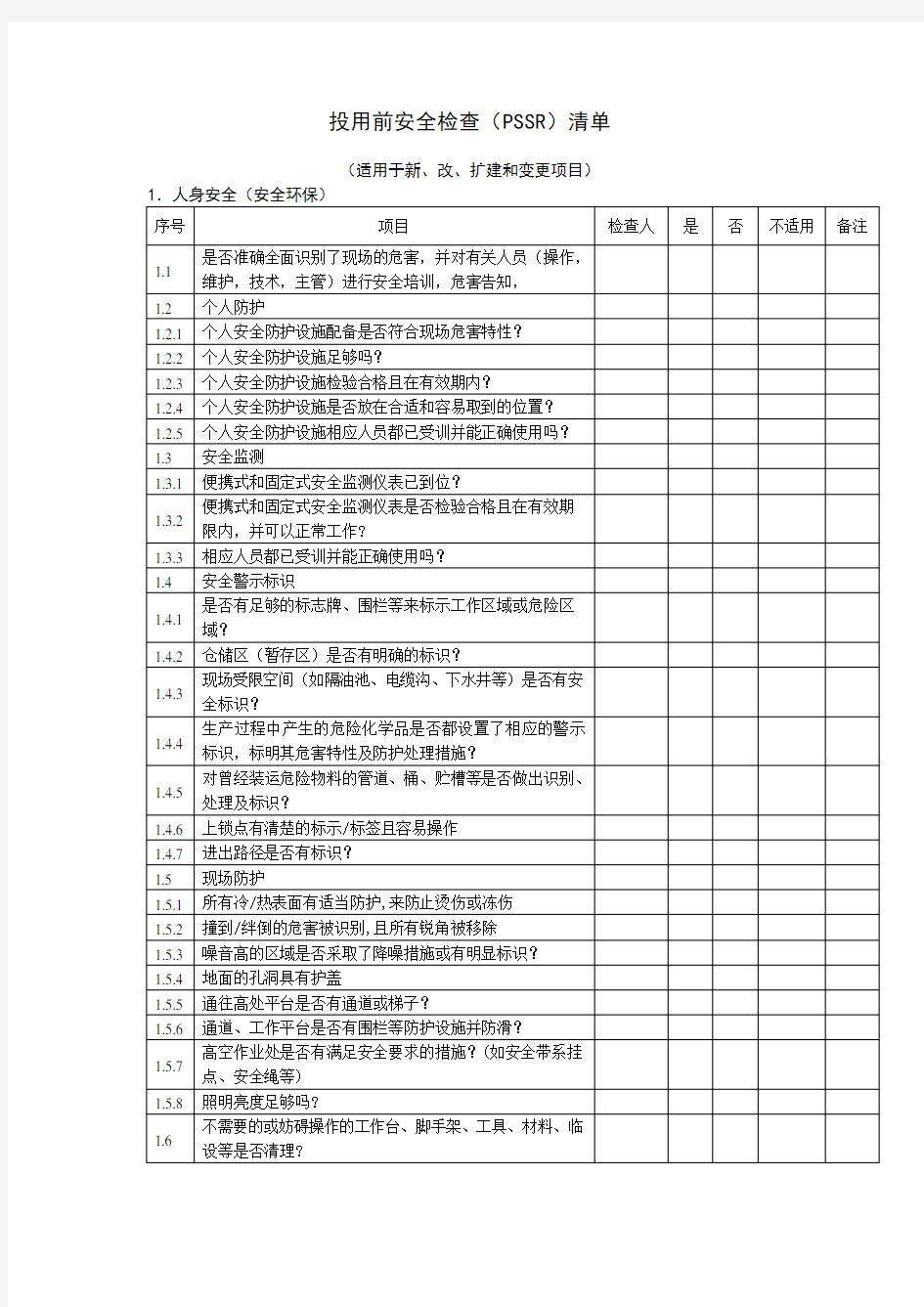 投用前安全检查表