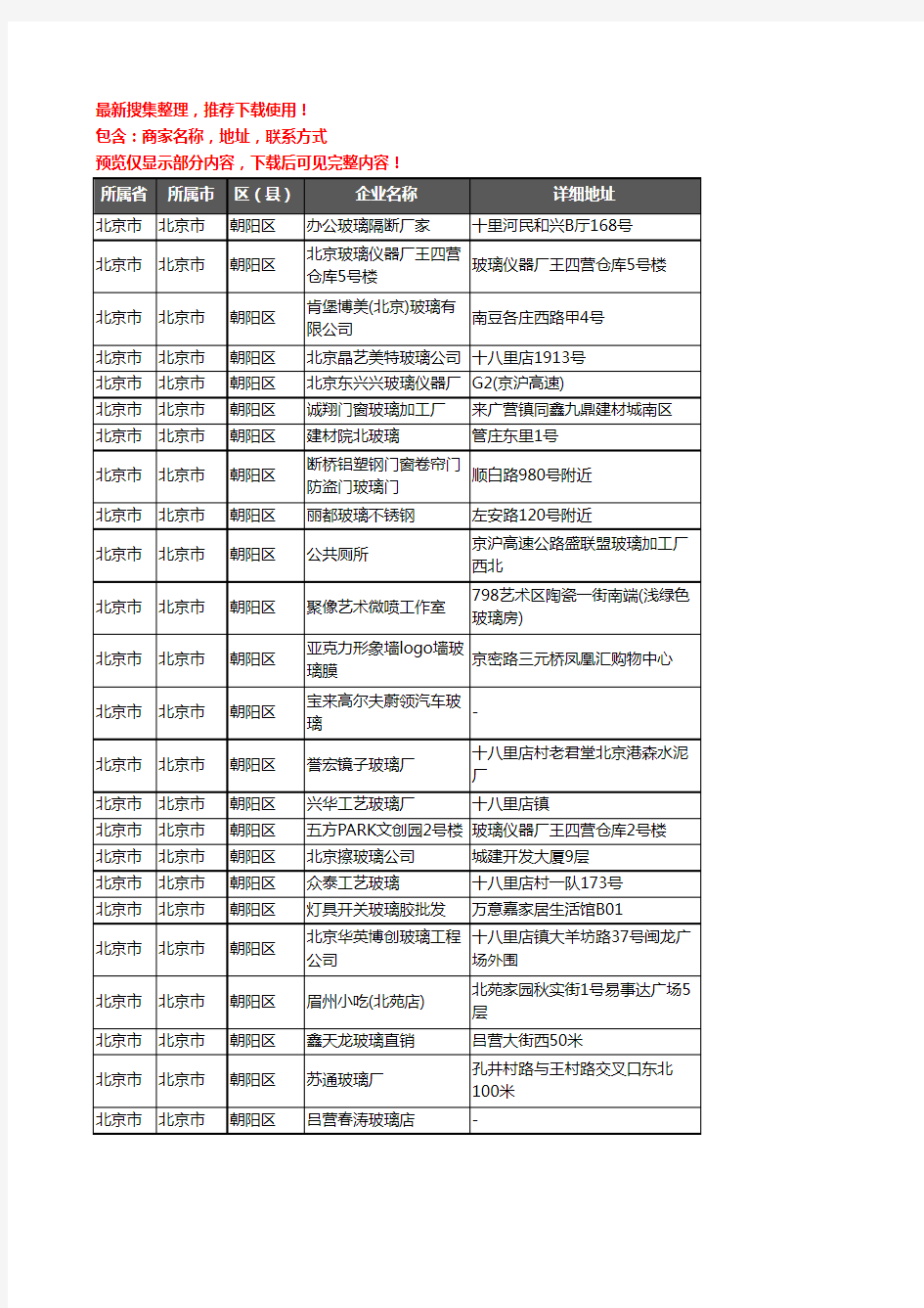 新版北京市北京市朝阳区玻璃店企业公司商家户名录单联系方式地址大全310家