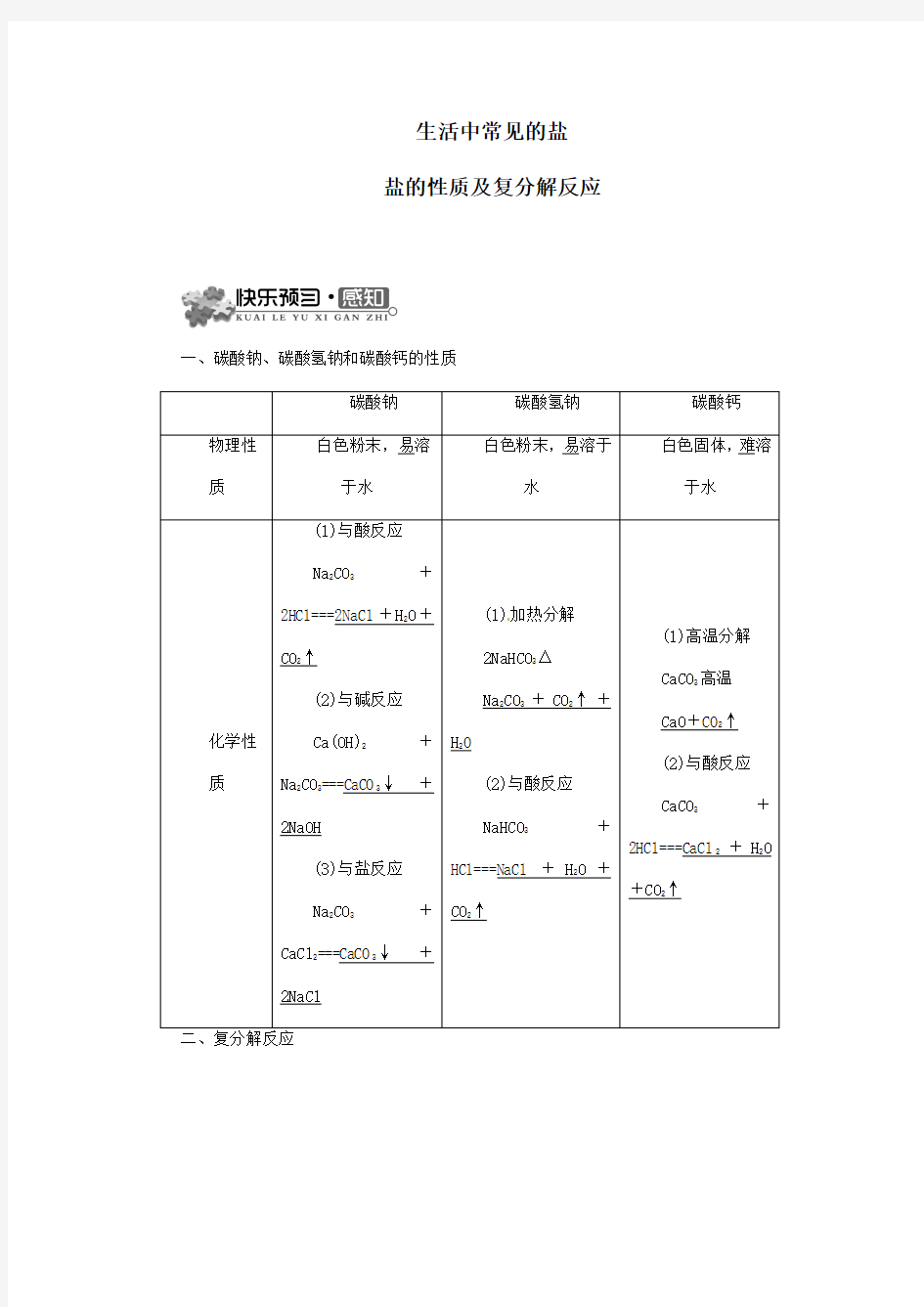 人教版九年级化学下册 《盐的性质及复分解反应》教案