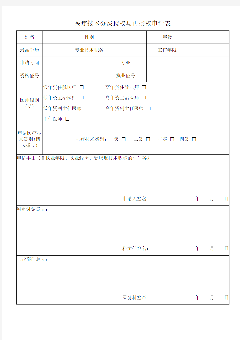 医疗技术分级授权与再授权申请表