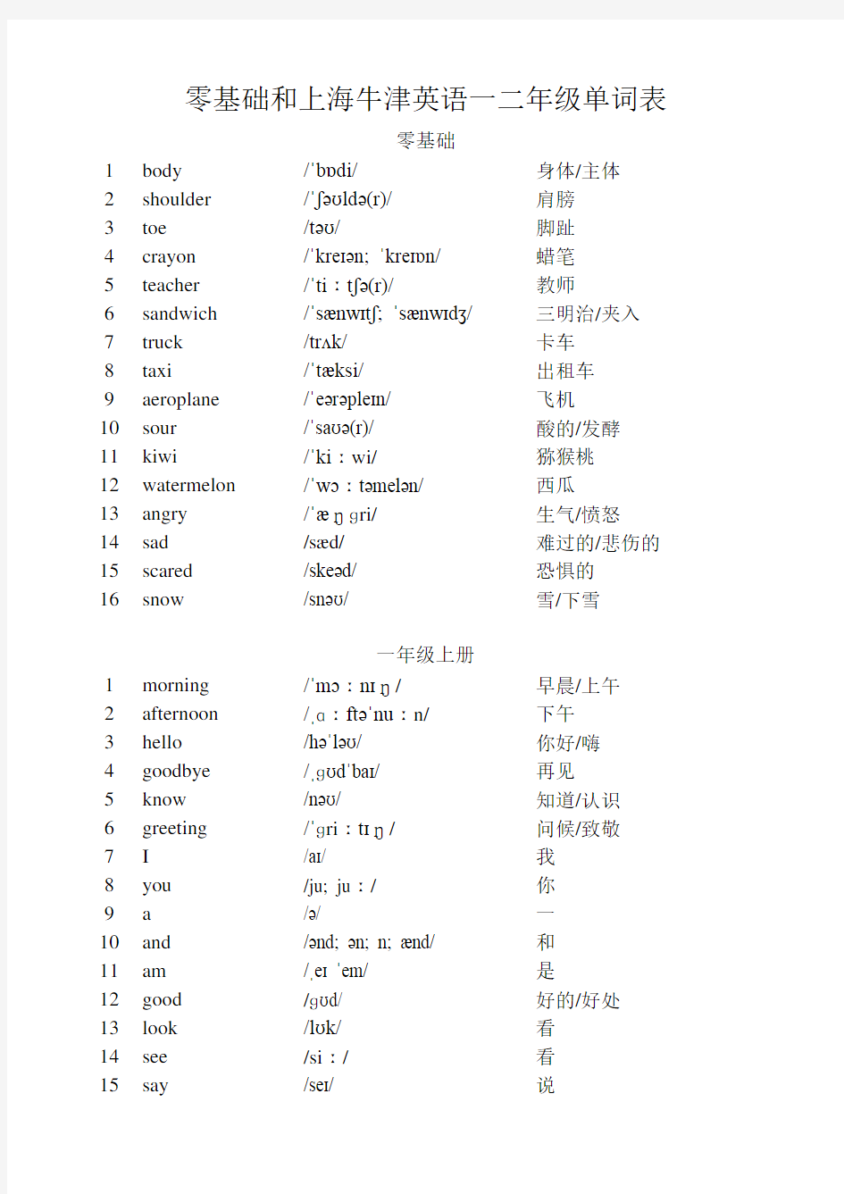 零基础和上海牛津英语一二年级单词表