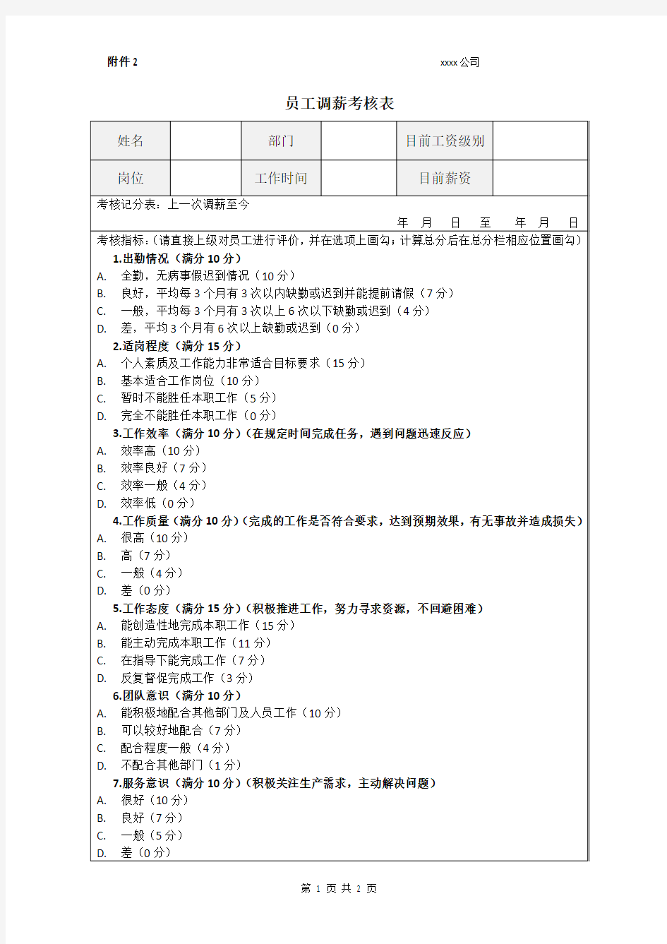 员工调薪考核表