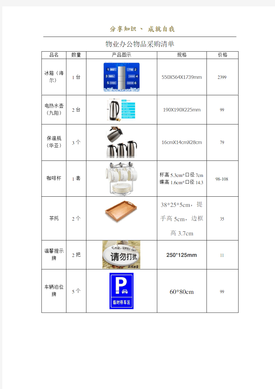 物业办公物品采购清单