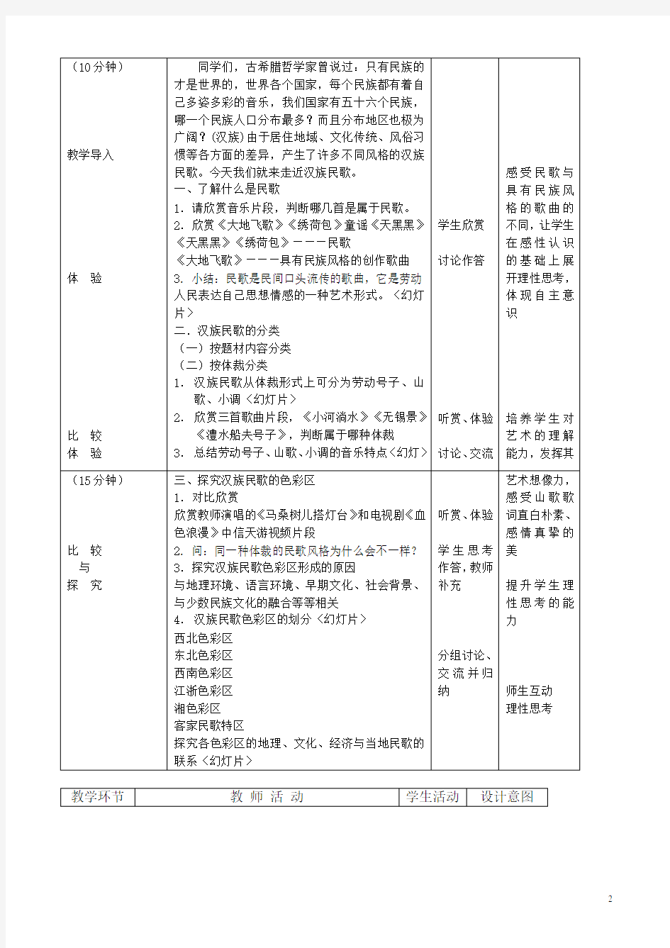高一音乐-中国汉族民歌教案
