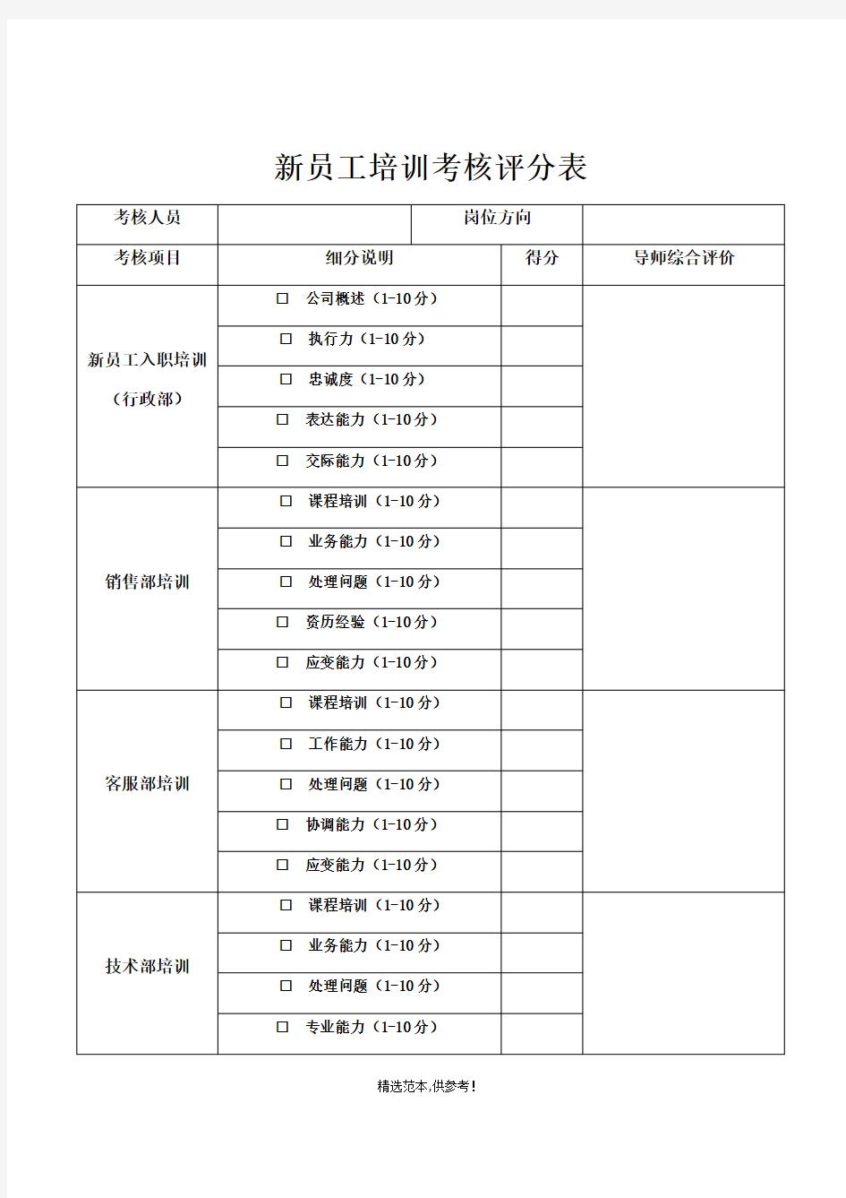 新员工培训考核评分表