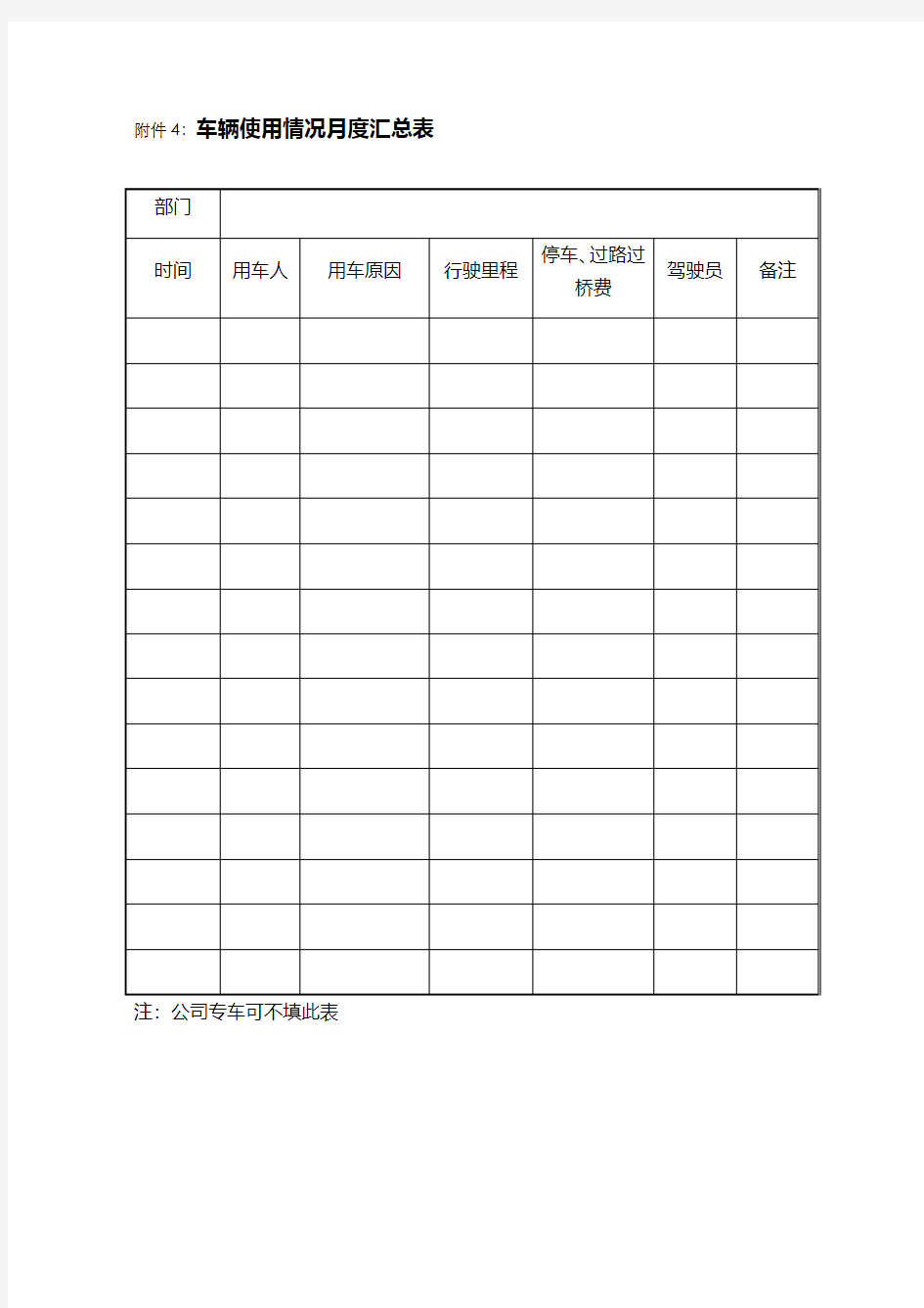 车辆使用情况月度登记表