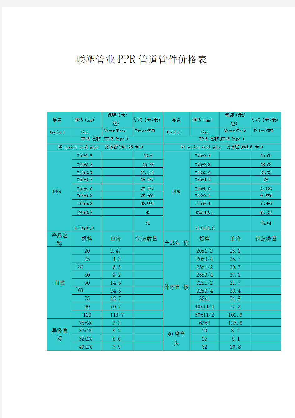 联塑管业PPR管道管件价格表