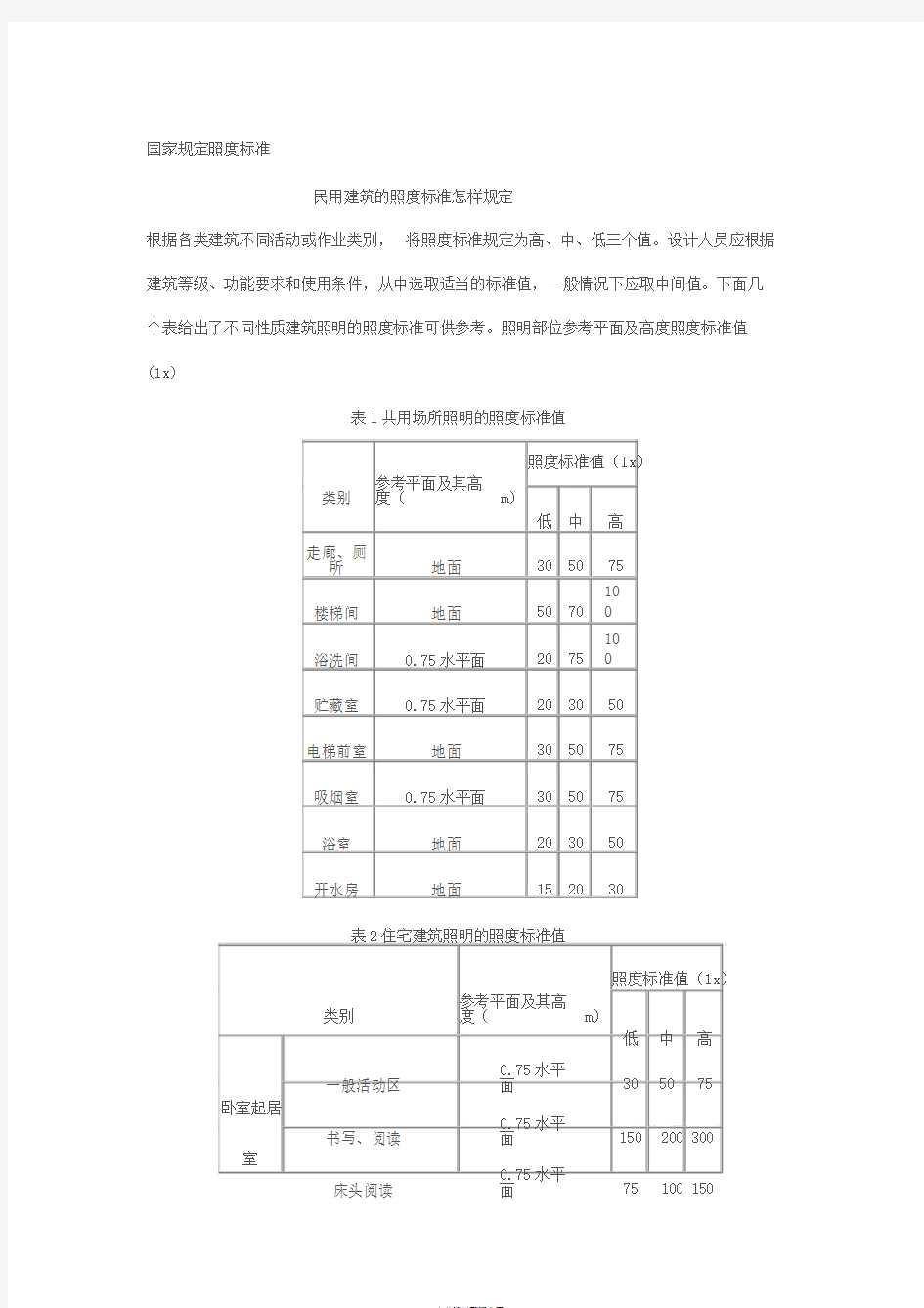 国家规定照度标准