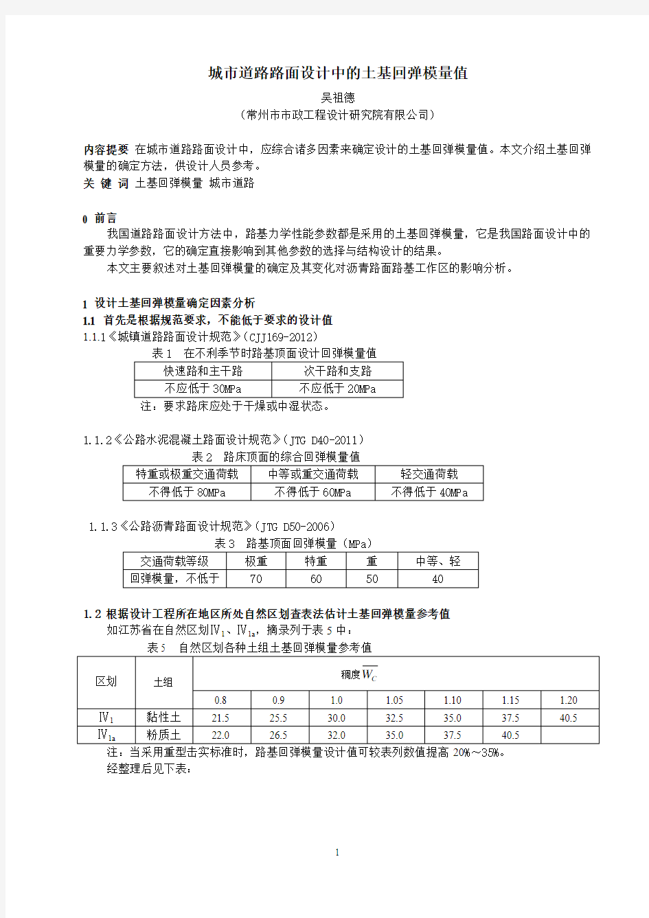 城市道路路面设计中的土基回弹模量值