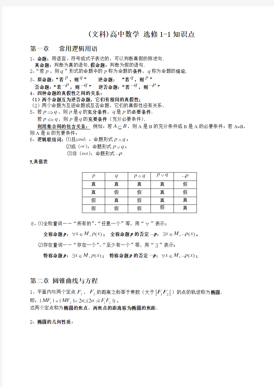 (文科)高中数学 选修 知识点