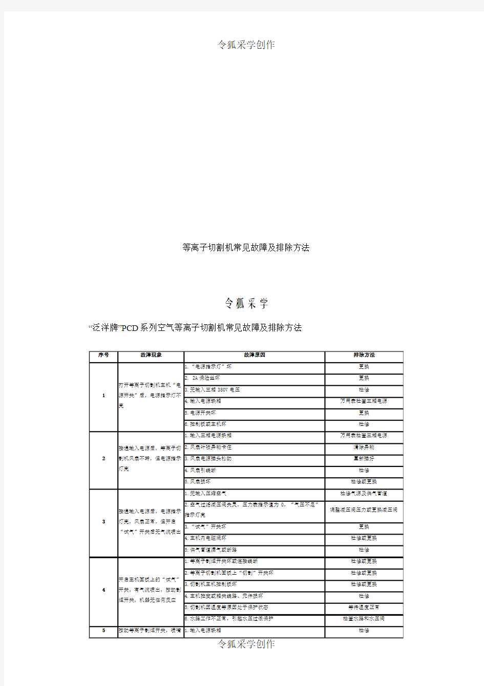 等离子切割机常见故障及排除方法