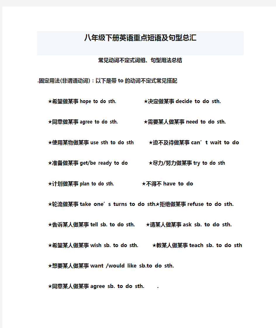 八年级下册英语重点短语及句型总汇