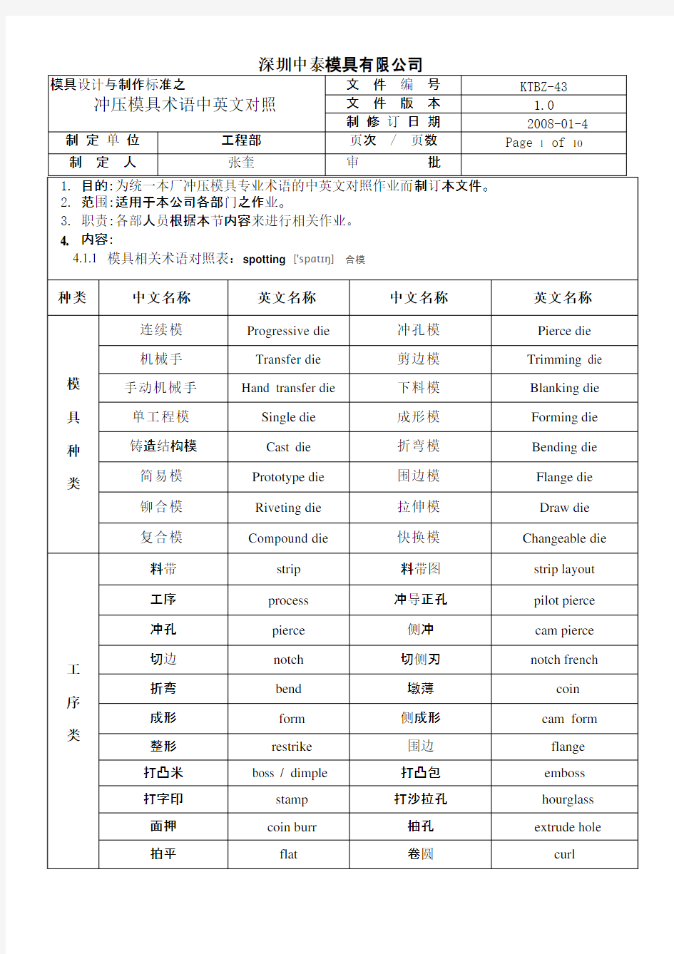 模具中英文对照