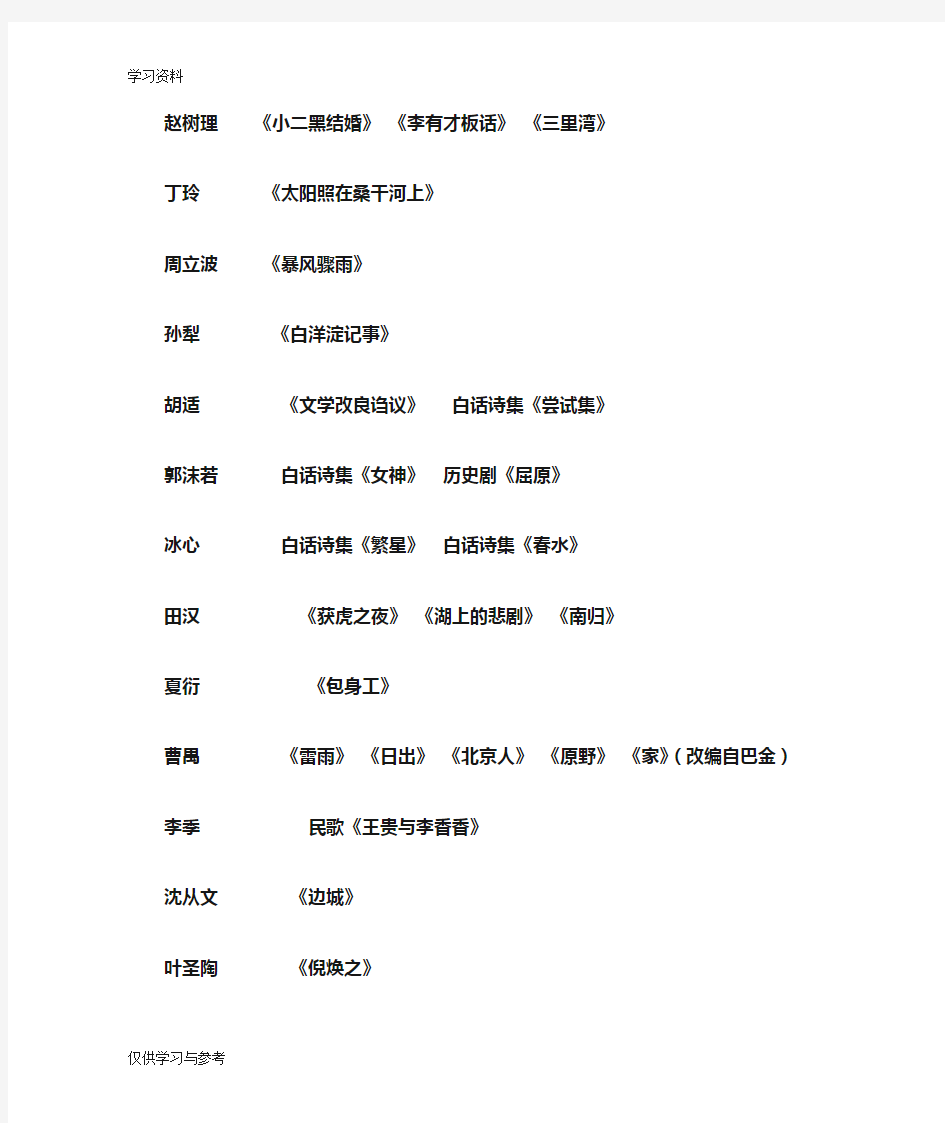 中国现当代文学著名作家及其代表作一览72359word版本