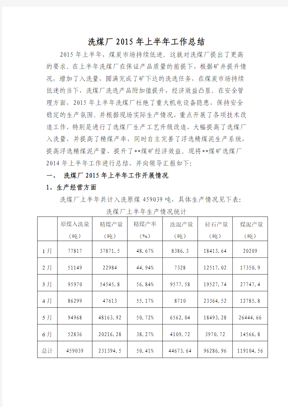 煤矿选煤厂2015年上半年工作总结