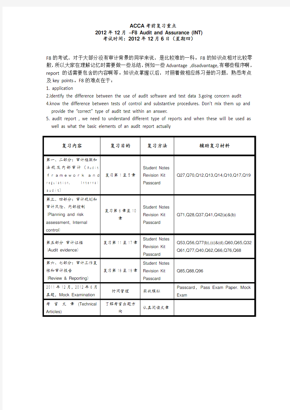 最新ACCA F8考试复习计划