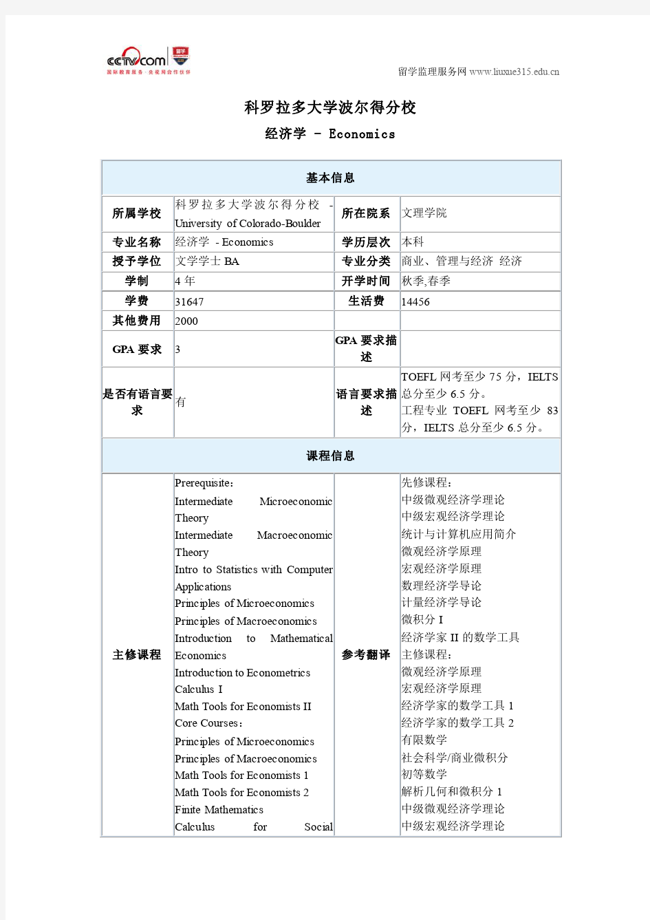 科罗拉多大学波尔得分校经济学本科申请条件