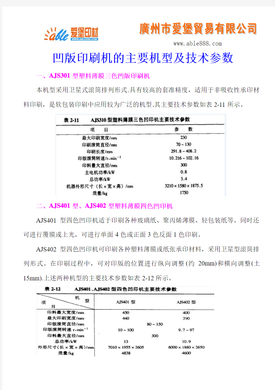 凹版印刷机的主要机型及技术参数