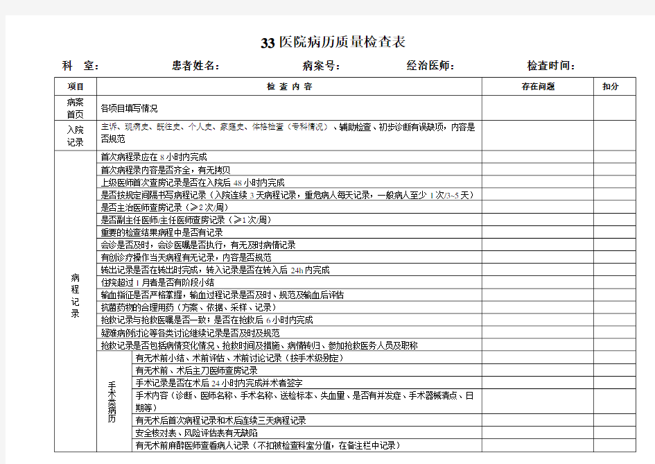 医院病历质量检查表