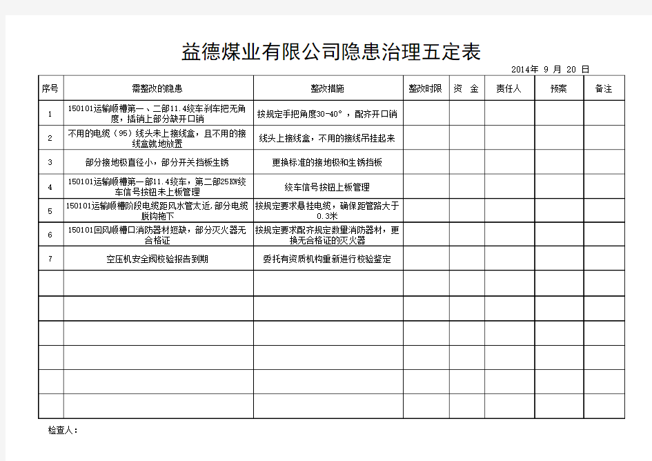 隐患排查治理五定表