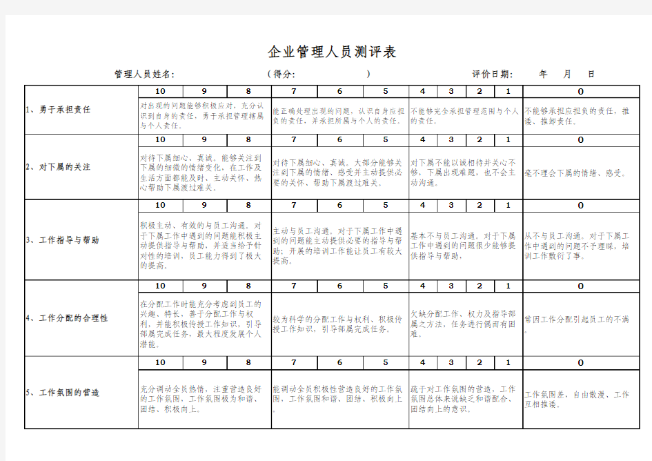 企业管理人员测评表