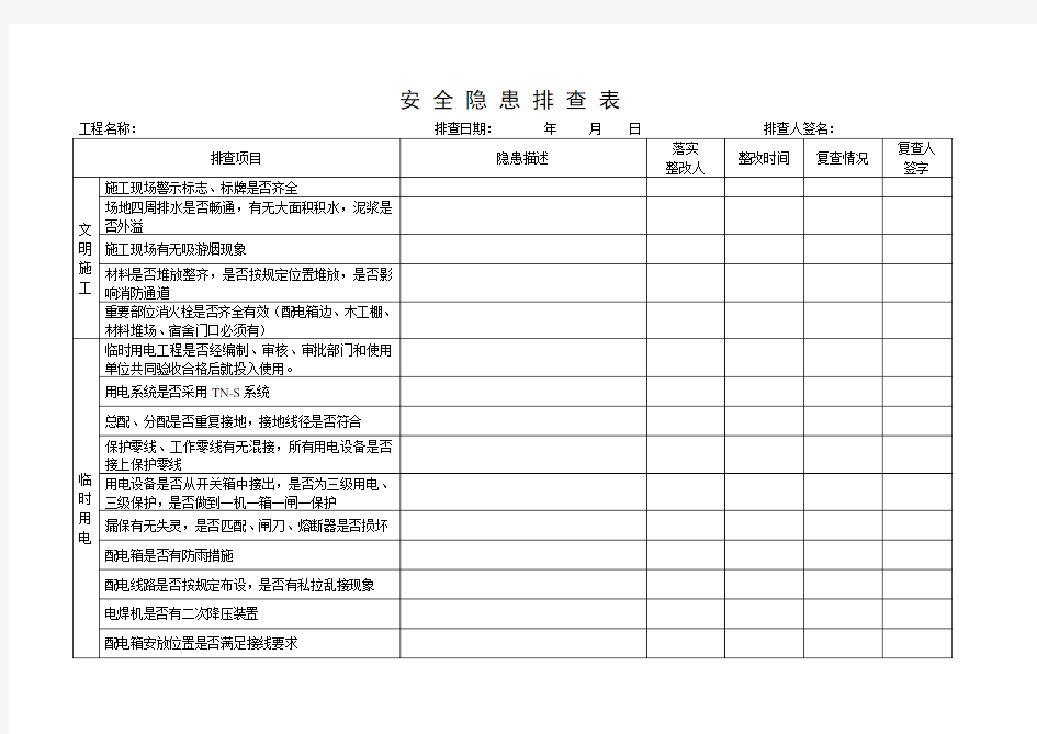 施工现场安全隐患排查表