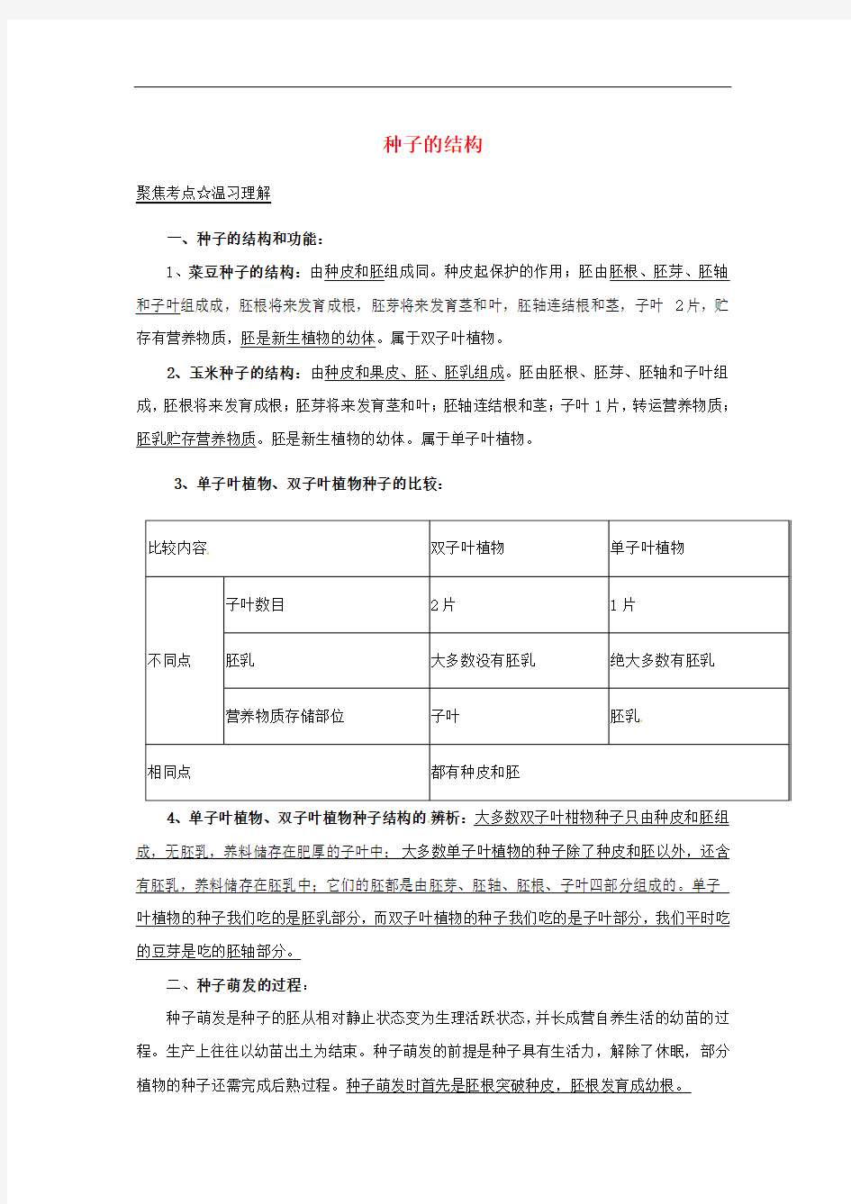 2016年中考生物考点总动员：专题(04)种子的结构(含答案)