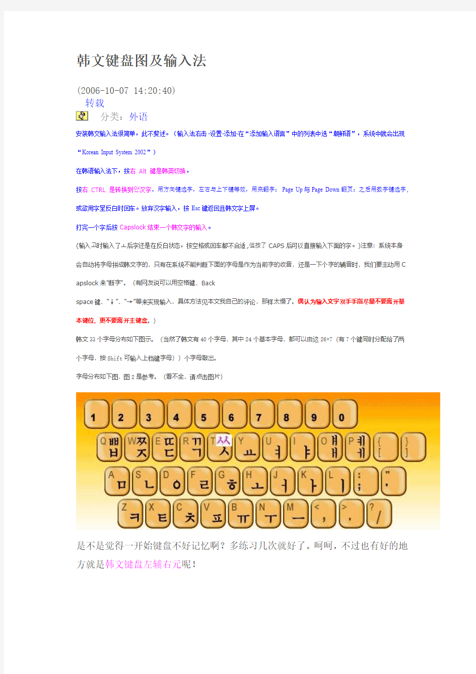 韩文键盘图及输入法