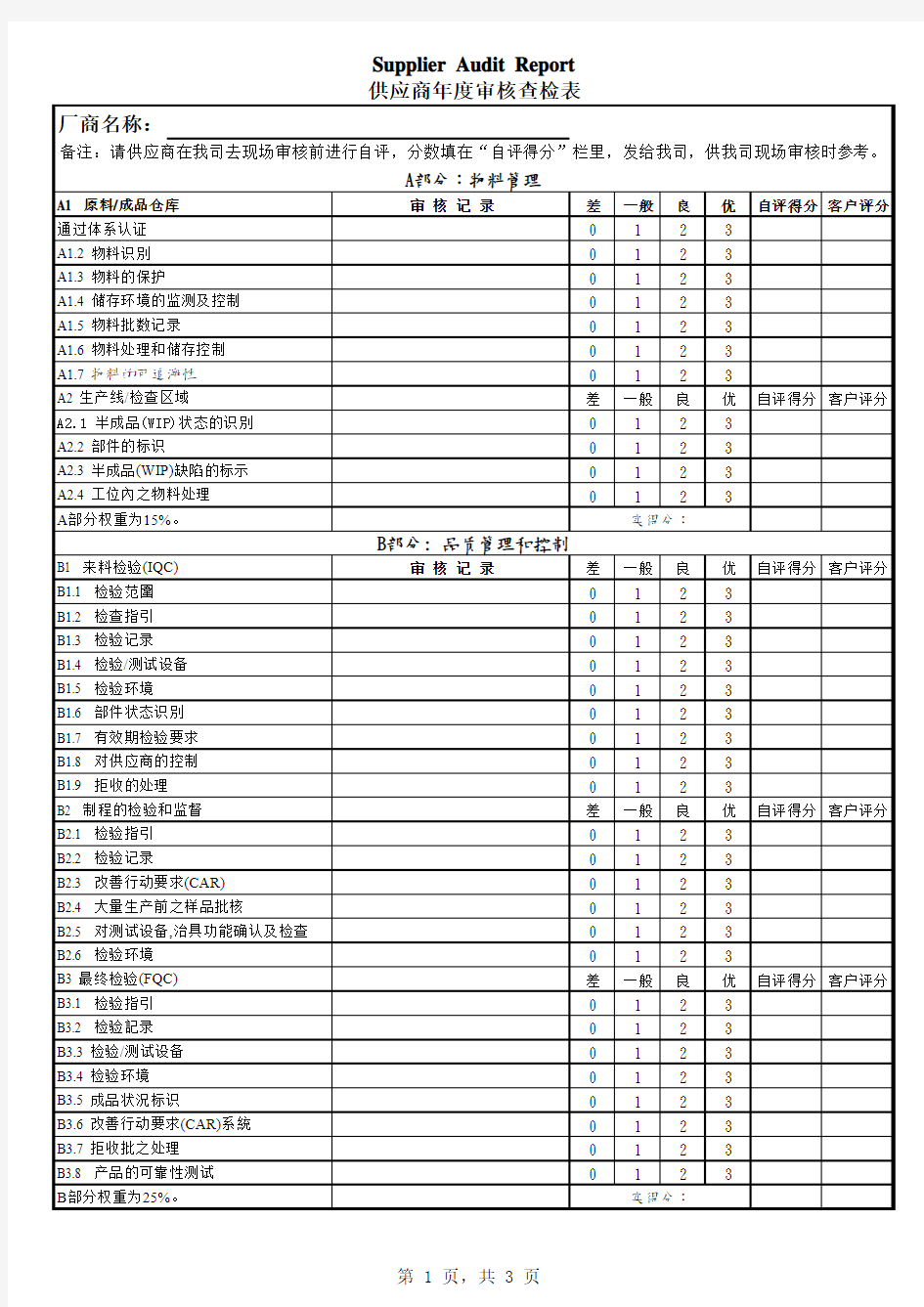 供应商年度审核查检表